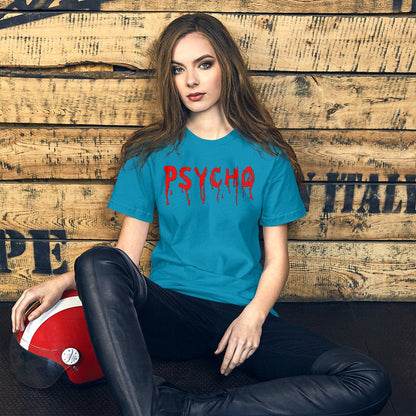 Blue crewneck T-shirt with red dripping "PSYCHO" graphic on the chest