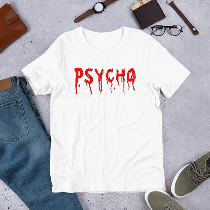 White crewneck T-shirt with red dripping "PSYCHO" graphic on the chest