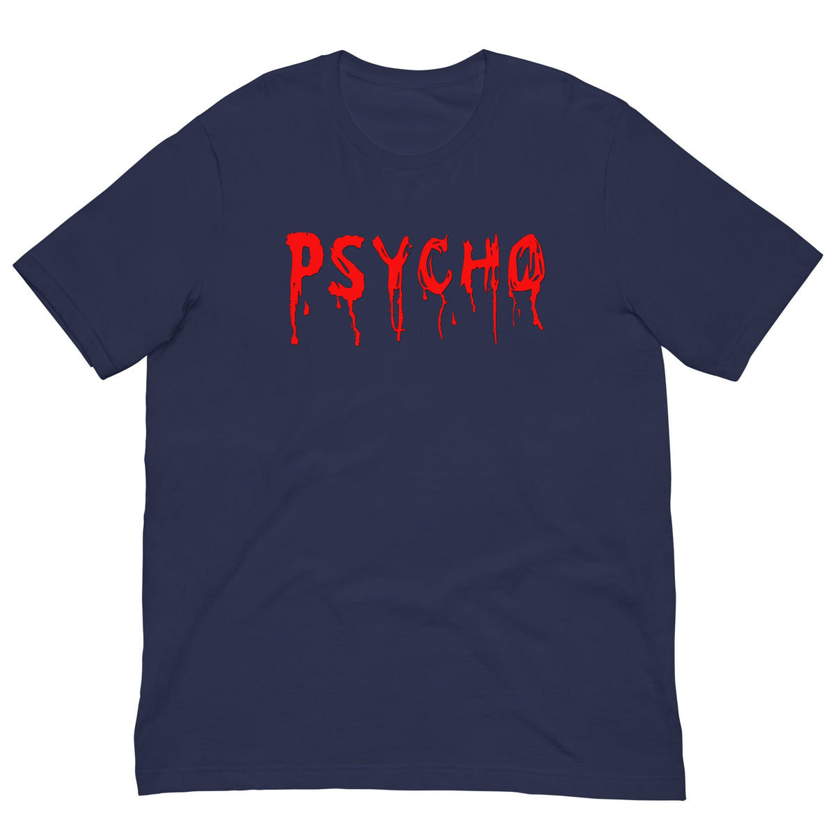 Navy T-shirt with red PSYCHO graphic dripping down chest