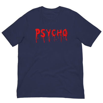 Navy T-shirt with red PSYCHO graphic dripping down chest