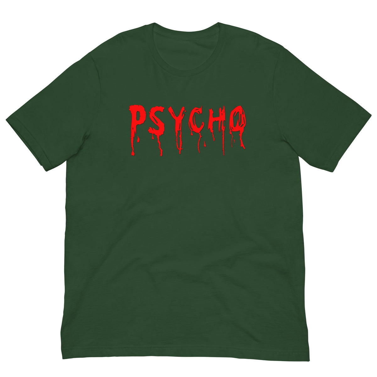 Green T-shirt with red PSYCHO graphic dripping down chest