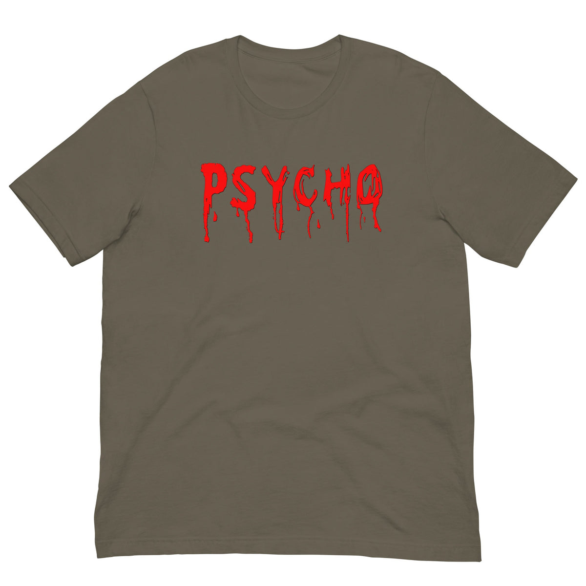 Light brown T-shirt with red PSYCHO graphic dripping down chest