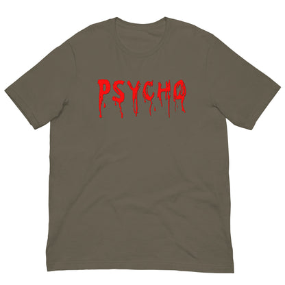 Light brown T-shirt with red PSYCHO graphic dripping down chest