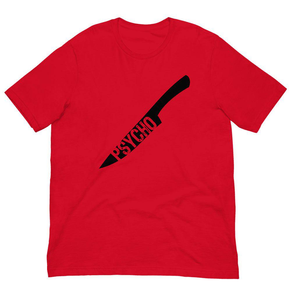 Red crewneck T-shirt with black knife-style graphic and Psycho text on chest
