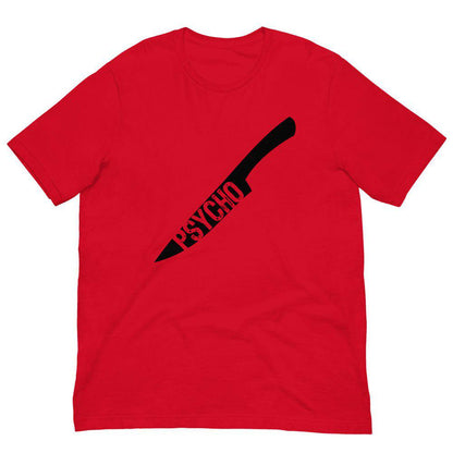 Red crewneck T-shirt with black knife-style graphic and Psycho text on chest