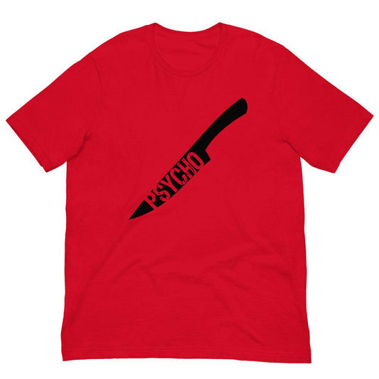 Red crewneck T-shirt with black knife-style graphic and Psycho text on chest