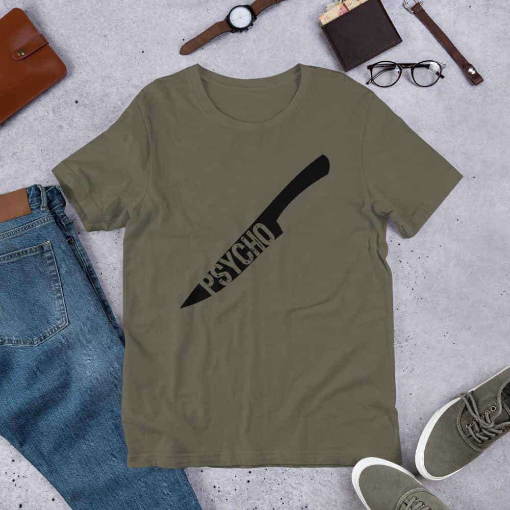 Graphic horror T-shirt in dark olive/brown with black axe-style logo print