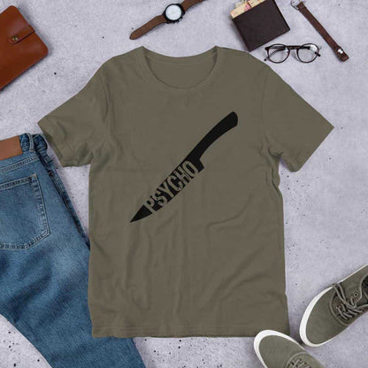 Graphic horror T-shirt in dark olive/brown with black axe-style logo print