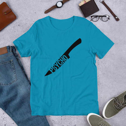 Aqua crewneck T-shirt with black knife-style graphic and Psycho text print