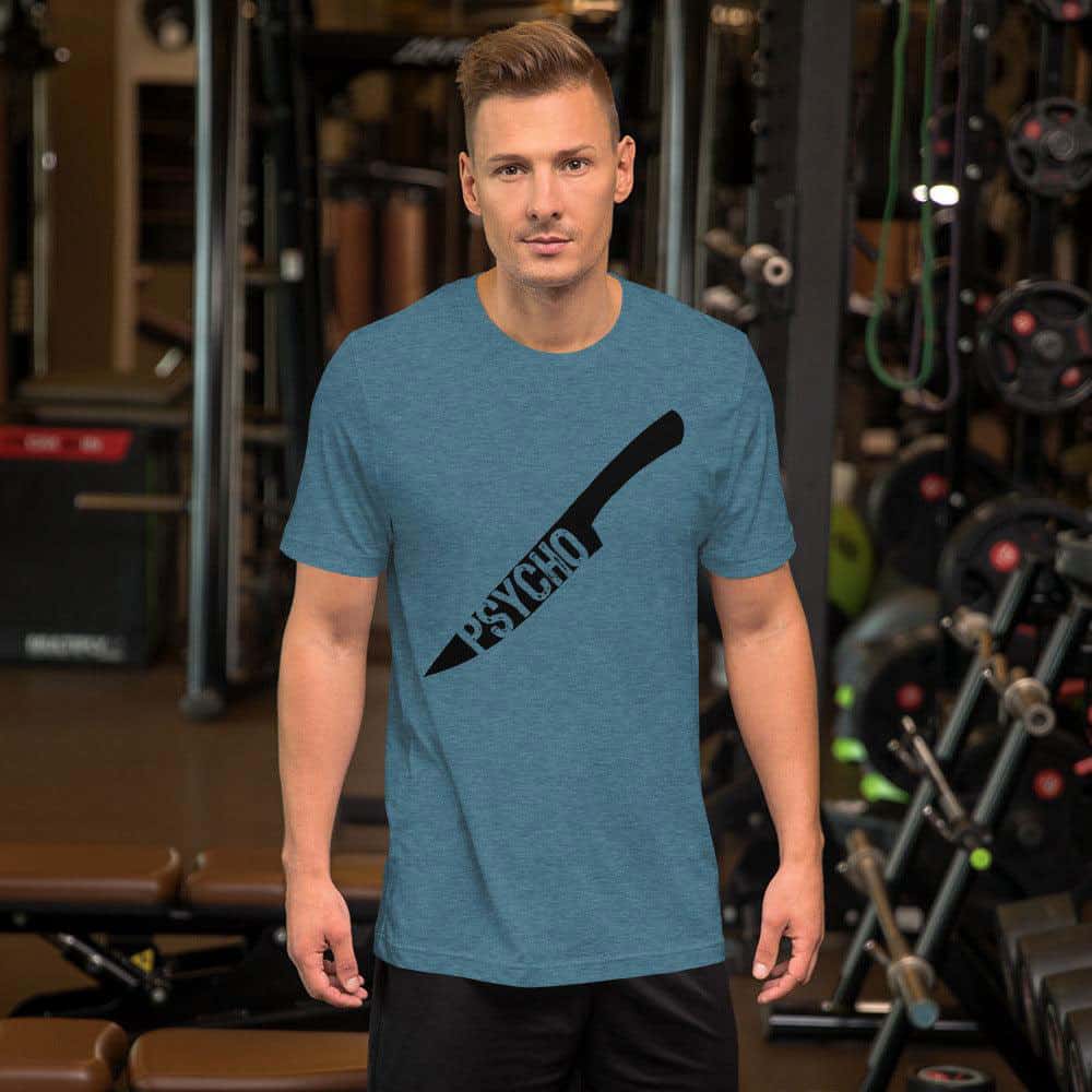 Heather blue crewneck T-shirt with black knife graphic and Psycho text on chest