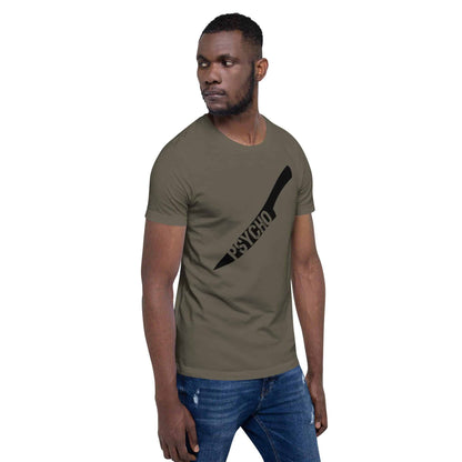 Olive crewneck T-shirt with black knife graphic and Psycho text on chest