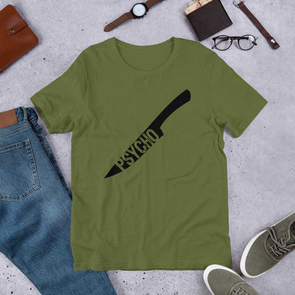 Graphic horror T-shirt in olive green with black axe-style logo print