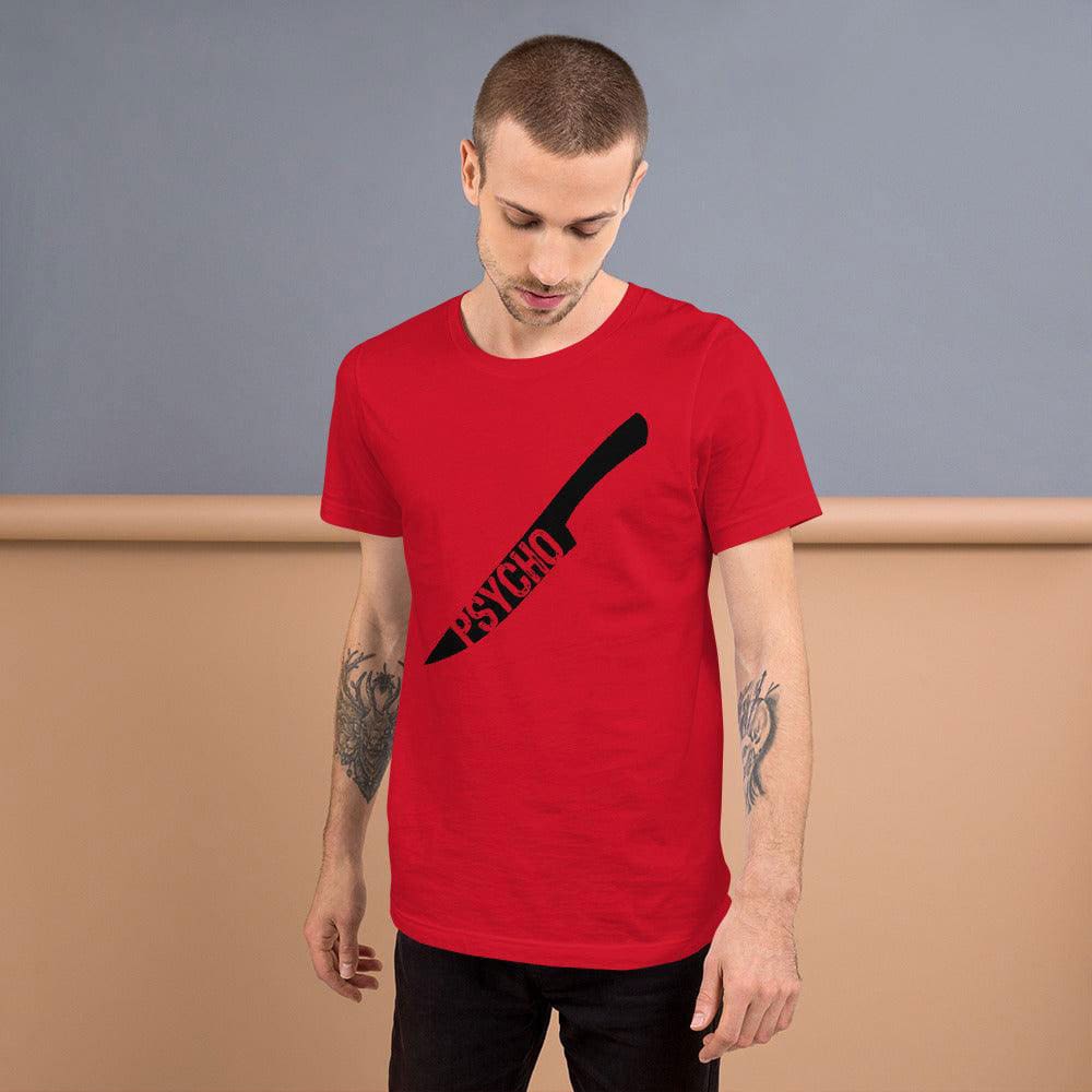 Red crewneck T-shirt with black knife graphic and Psycho text on chest