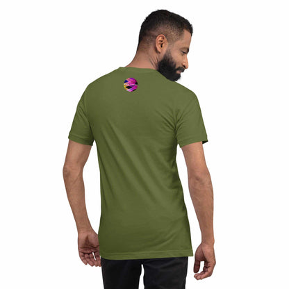 Olive green crewneck T-shirt with back circular graphic and front knife print
