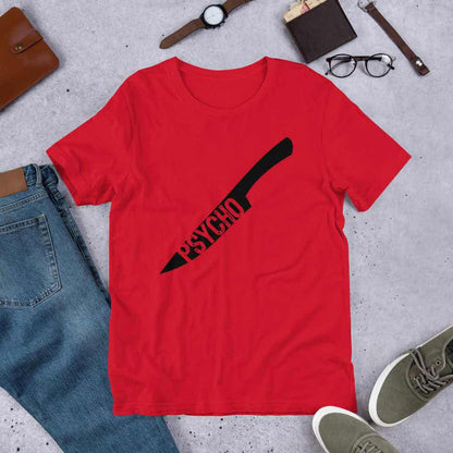 Red crewneck T-shirt with black knife-style graphic and Psycho text print