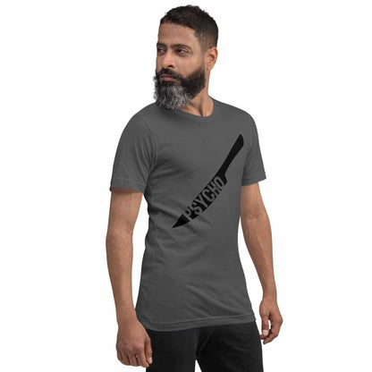 Dark gray crewneck T-shirt with black knife graphic and Psycho text on chest