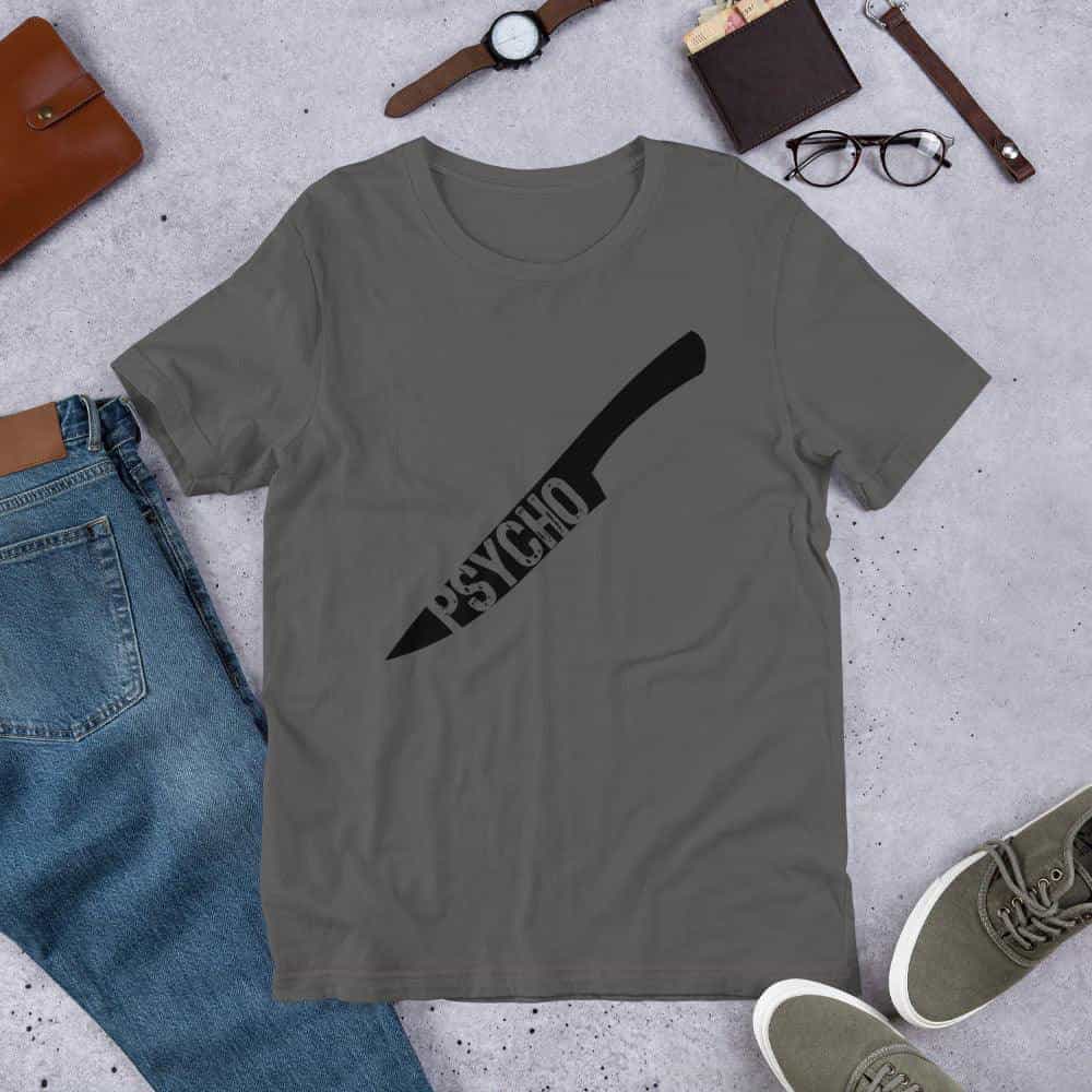 Graphic horror T-shirt in heather gray with black axe-style logo print