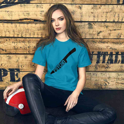 Teal crewneck T-shirt with black knife graphic and Psycho text on chest, worn