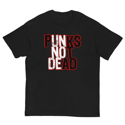 Black crewneck graphic T-shirt with “PUNKS NOT DEAD” print on the chest