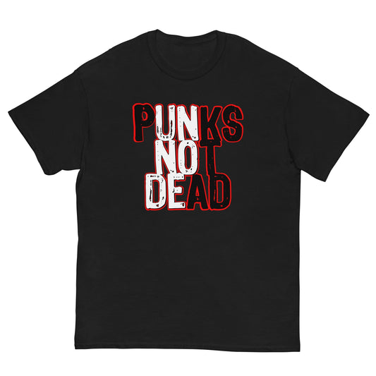 Black crewneck graphic T-shirt with “PUNKS NOT DEAD” print on the chest