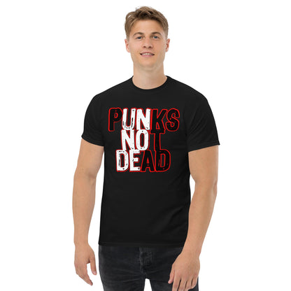 Black crewneck graphic T-shirt with “PUNKS NOT DEAD” print