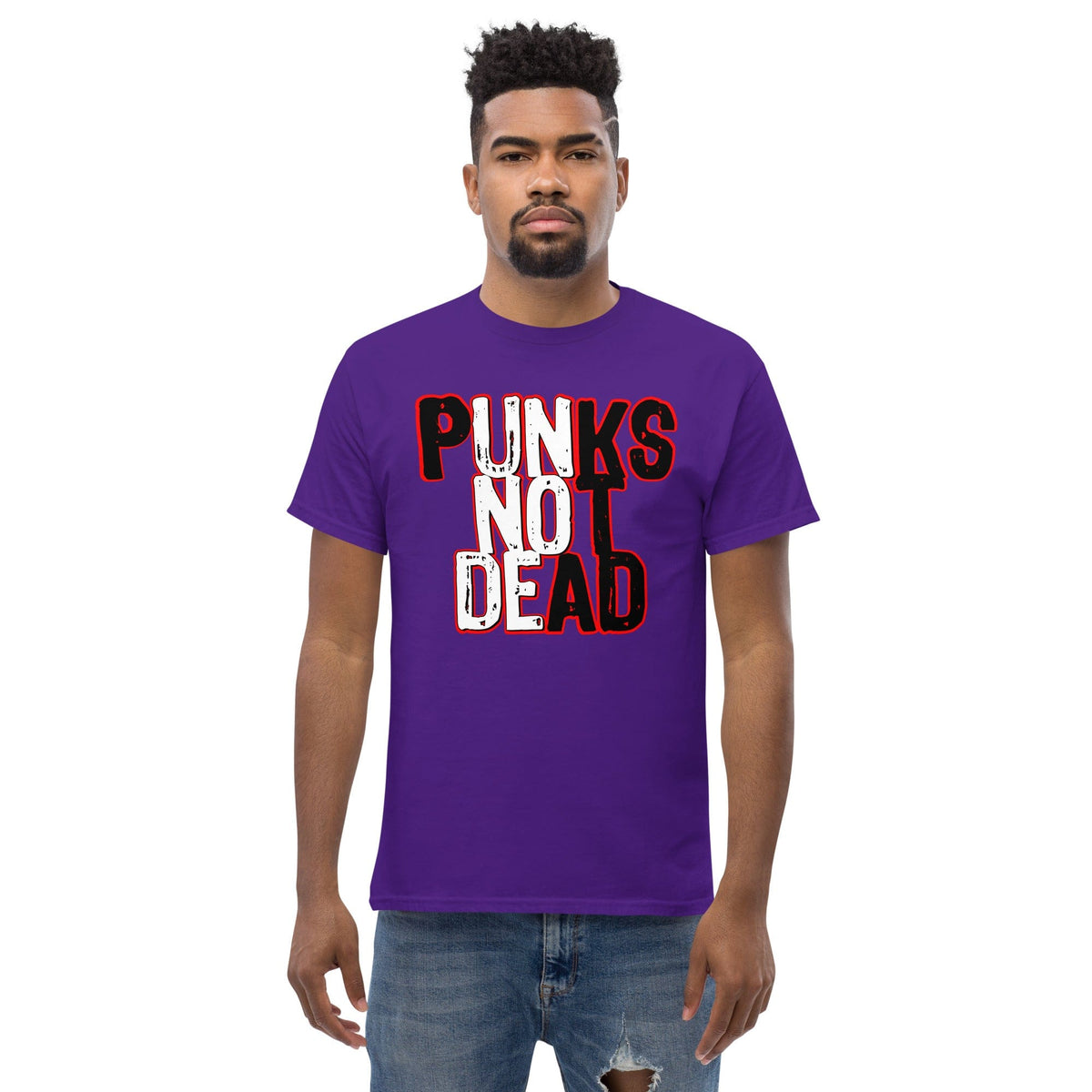 Purple crewneck graphic T-shirt with “PUNKS NOT DEAD” print on the chest