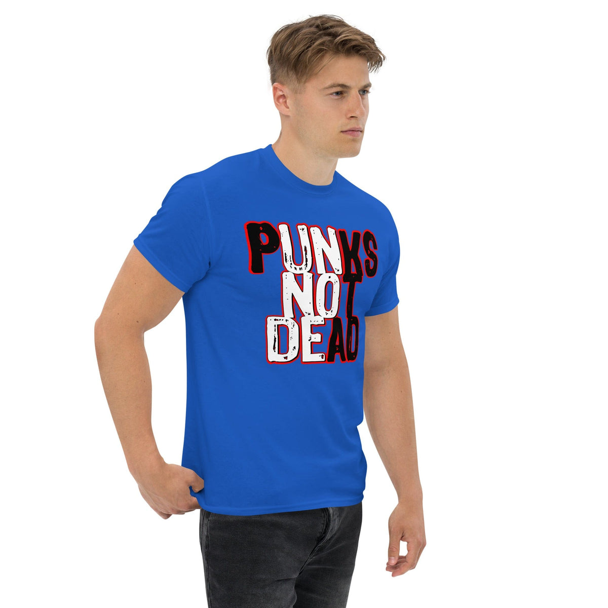 Royal blue crewneck graphic T-shirt with “PUNKS NOT DEAD” print on the chest