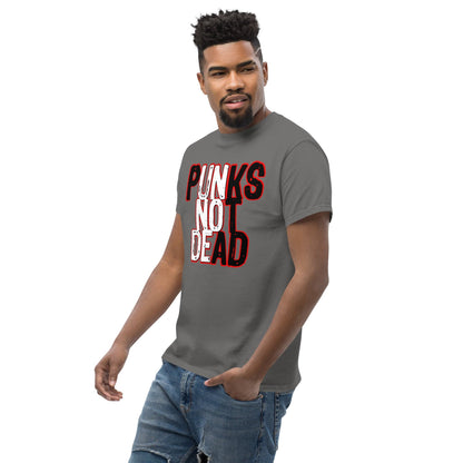 Charcoal gray crewneck graphic T-shirt with “PUNKS NOT DEAD” print on the chest