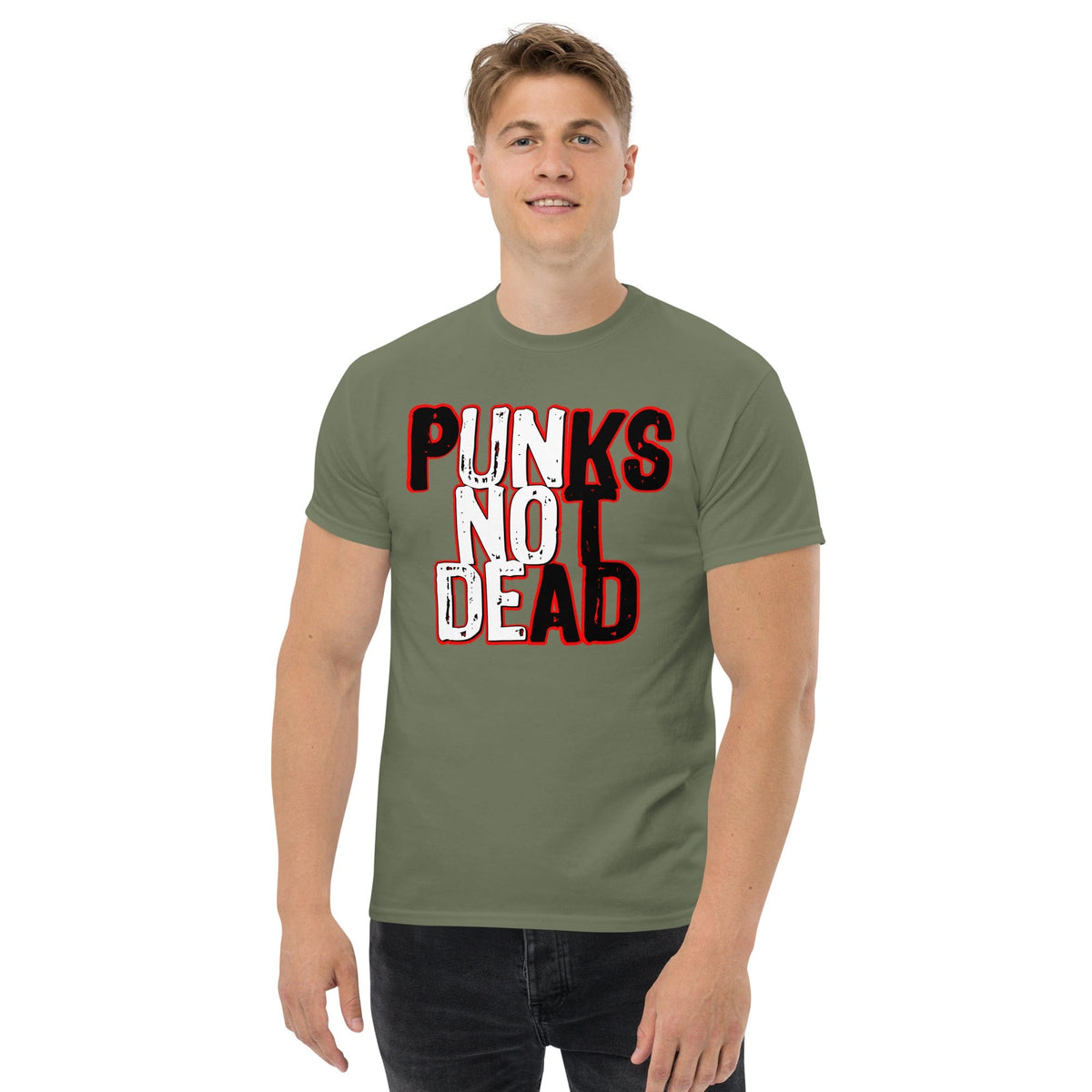 Olive green crewneck graphic T-shirt with “PUNKS NOT DEAD” print on the chest