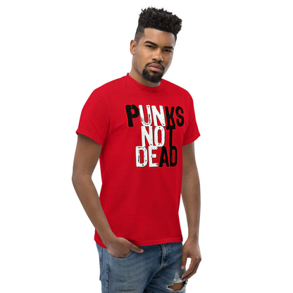 Red crewneck graphic T-shirt with “PUNKS NOT DEAD” print on the chest