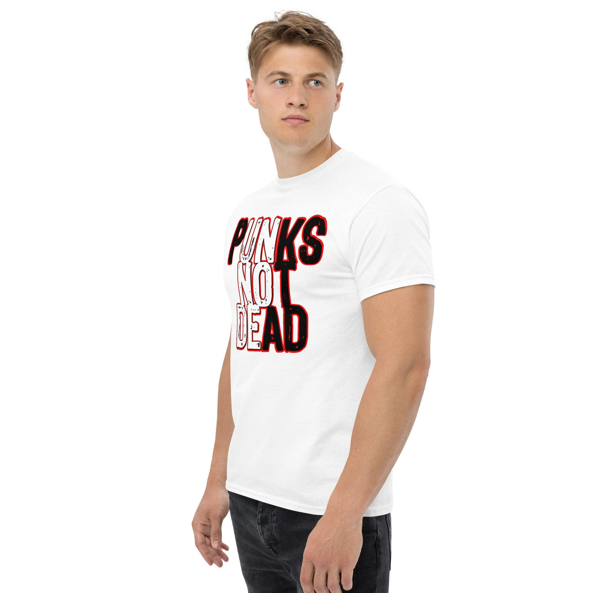 White crewneck graphic T-shirt with “PUNKS NOT DEAD” print on the chest