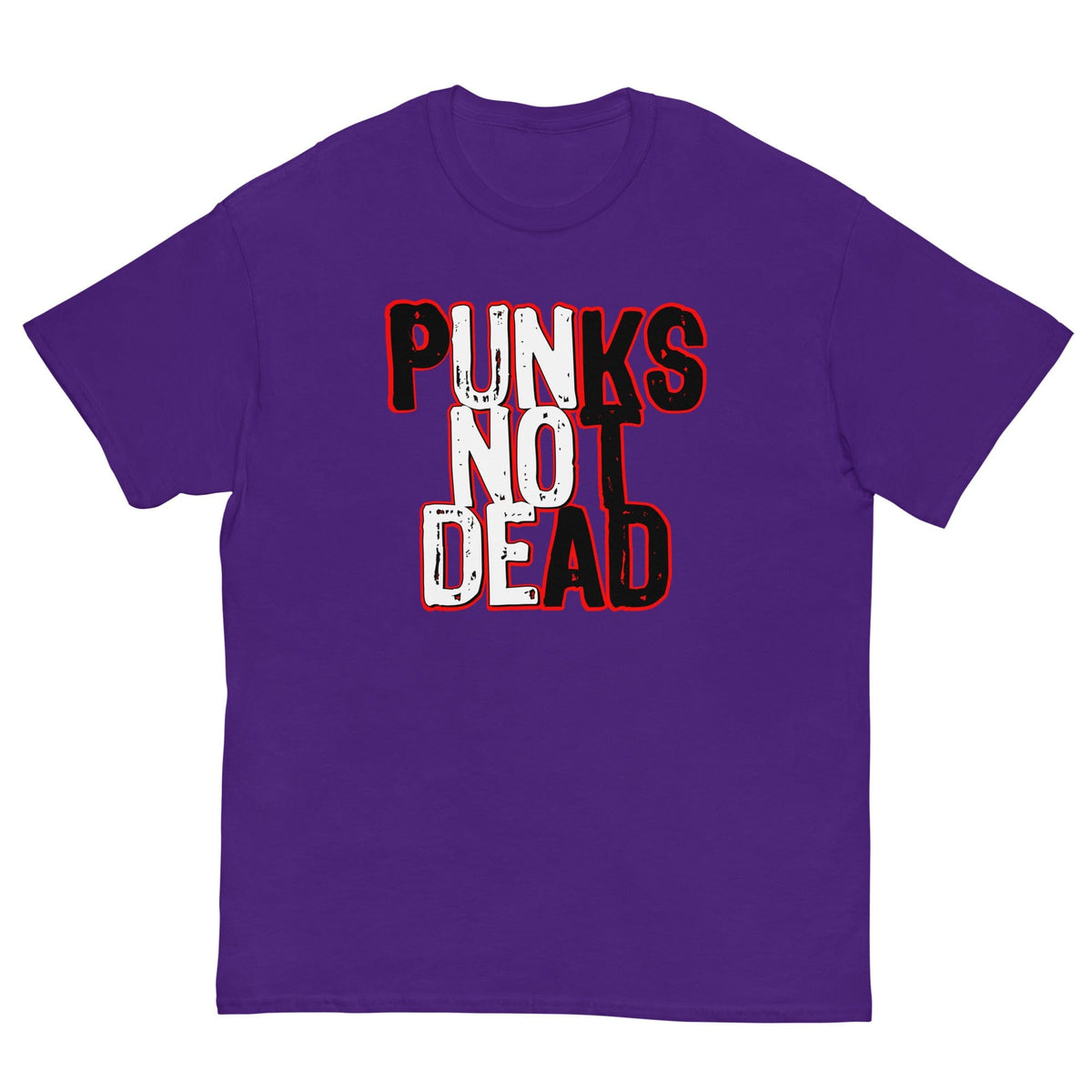 Purple T-shirt with front graphic text "PUNKS" over "NOT" over "DEAD"