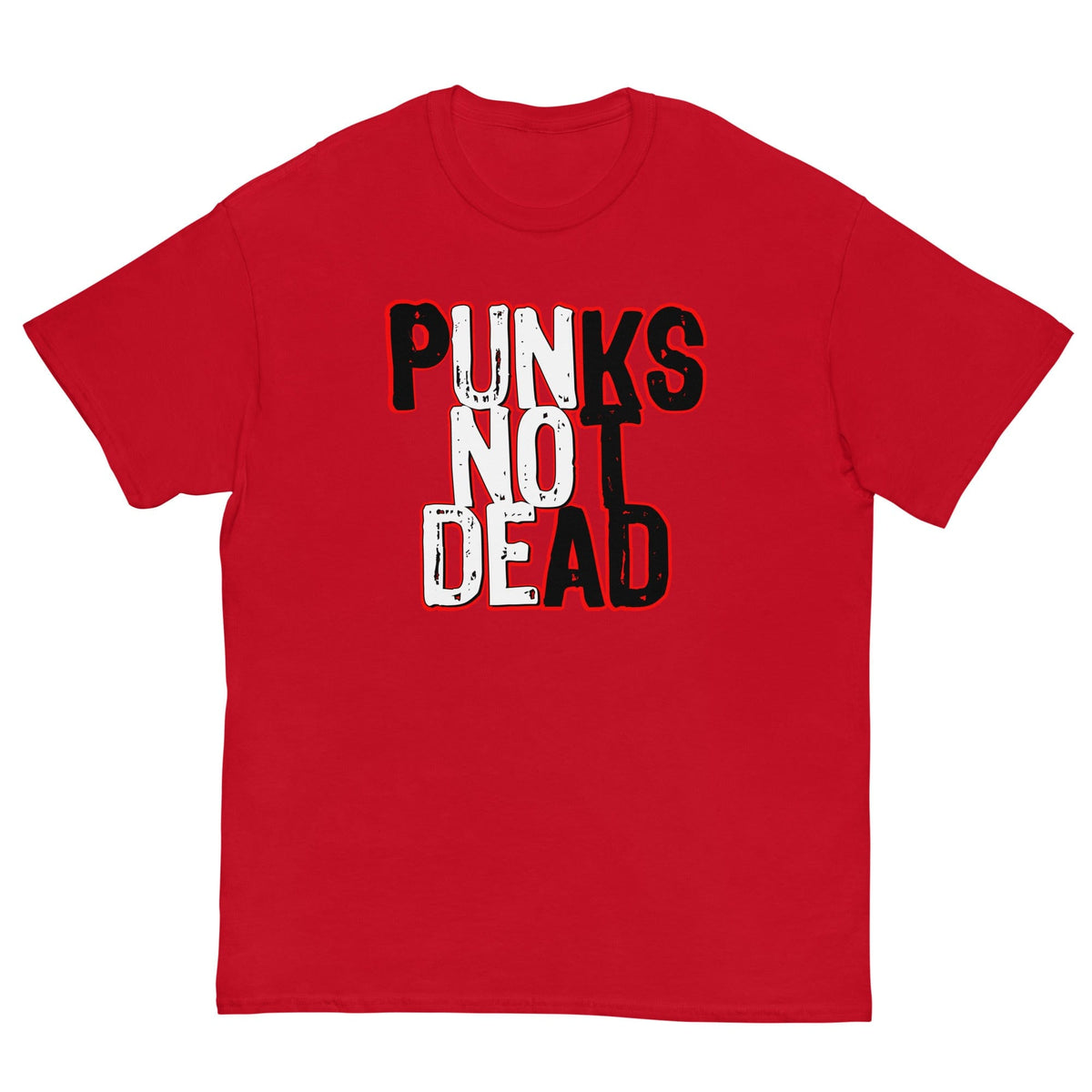 Red T-shirt with front graphic text "PUNKS" over "NOT" over "DEAD"