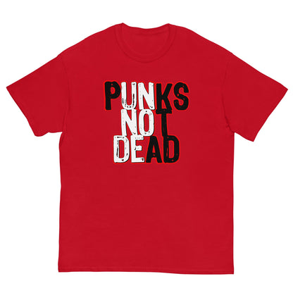 Red T-shirt with front graphic text "PUNKS" over "NOT" over "DEAD"