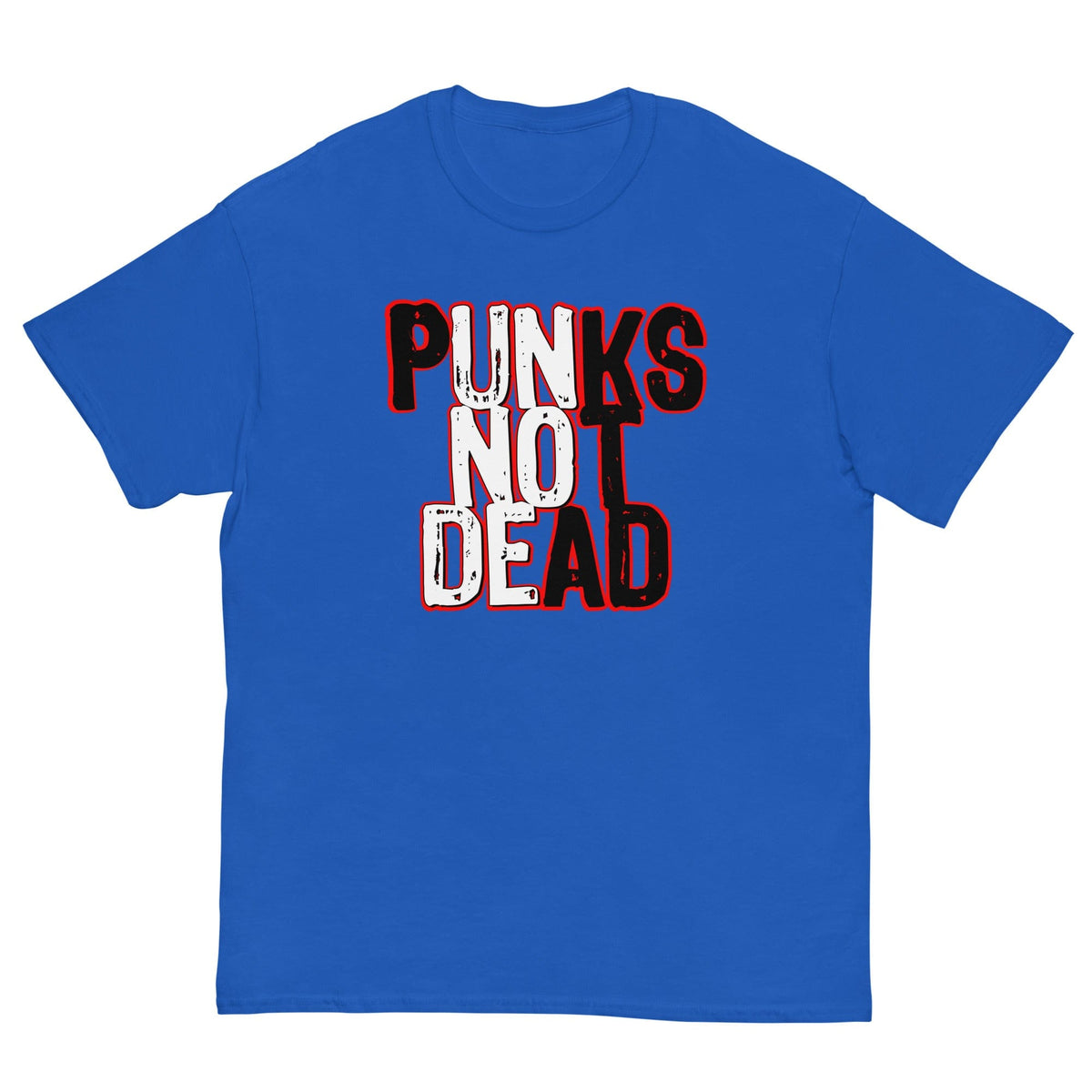 Blue T-shirt with front graphic text "PUNKS" over "NOT" over "DEAD"