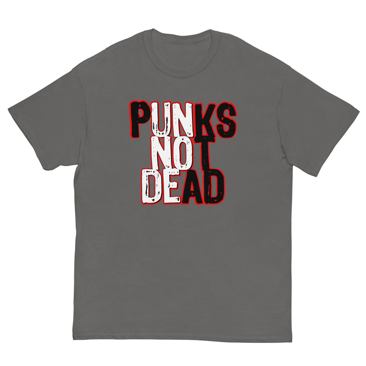 Charcoal gray T-shirt with front graphic text "PUNKS" over "NOT" over "DEAD"