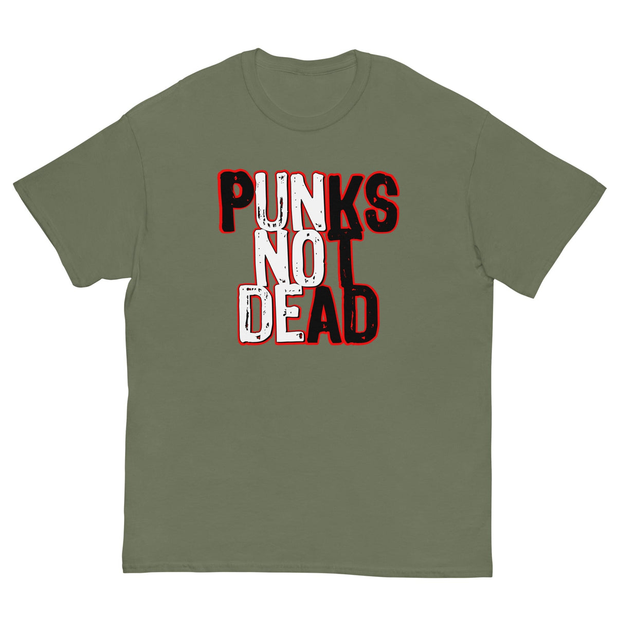 Military green T-shirt with front graphic text "PUNKS" over "NOT" over "DEAD"