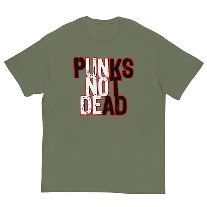 Military green T-shirt with front graphic text "PUNKS" over "NOT" over "DEAD"