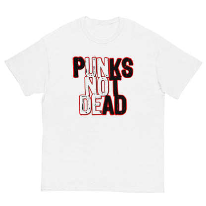 White T-shirt with front graphic text "PUNKS" over "NOT" over "DEAD"