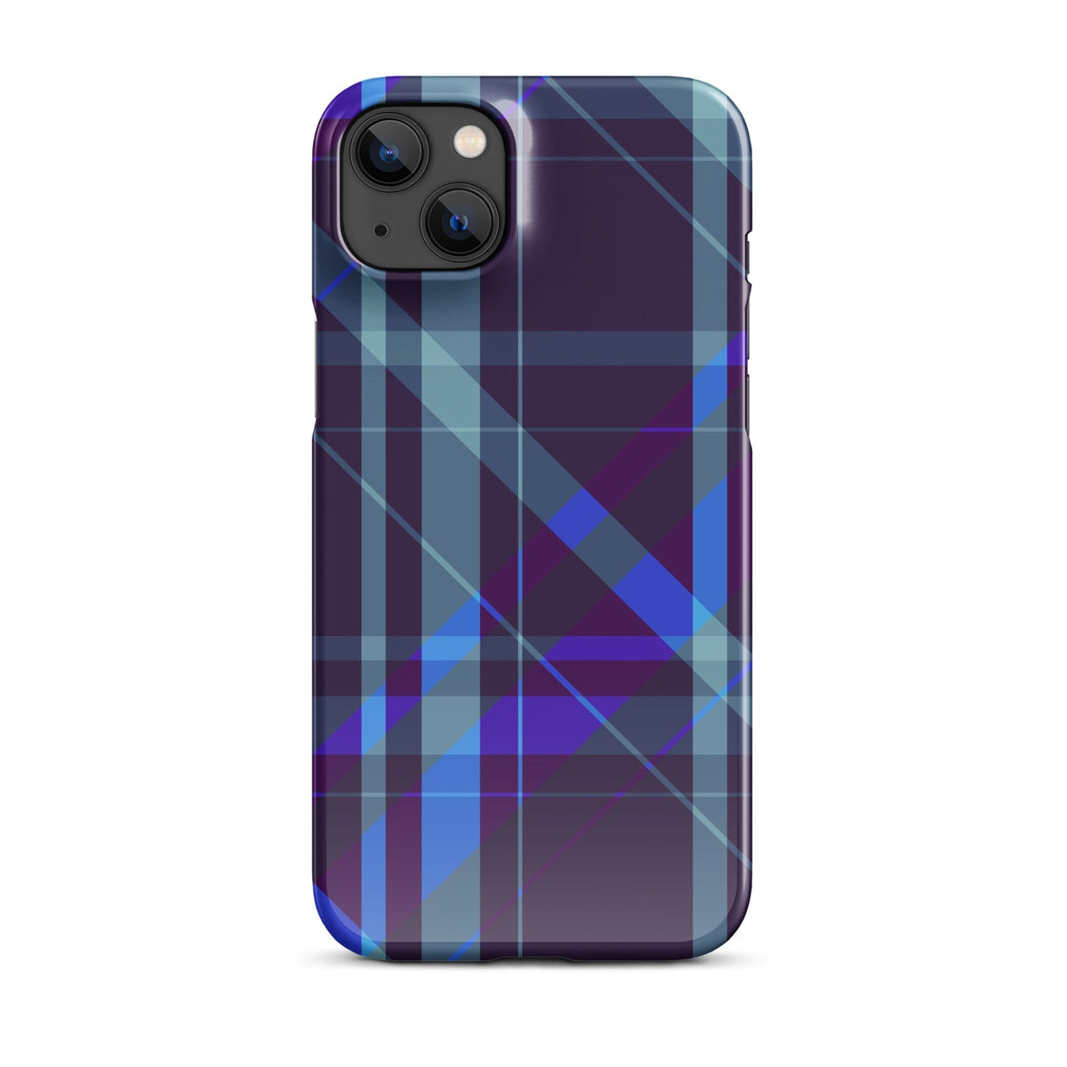 Purple blue plaid iPhone snap case with dual camera cutouts and protective borders.