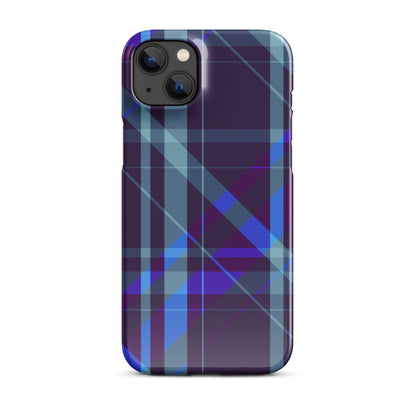Purple blue plaid iPhone snap case with dual camera cutouts and protective borders.