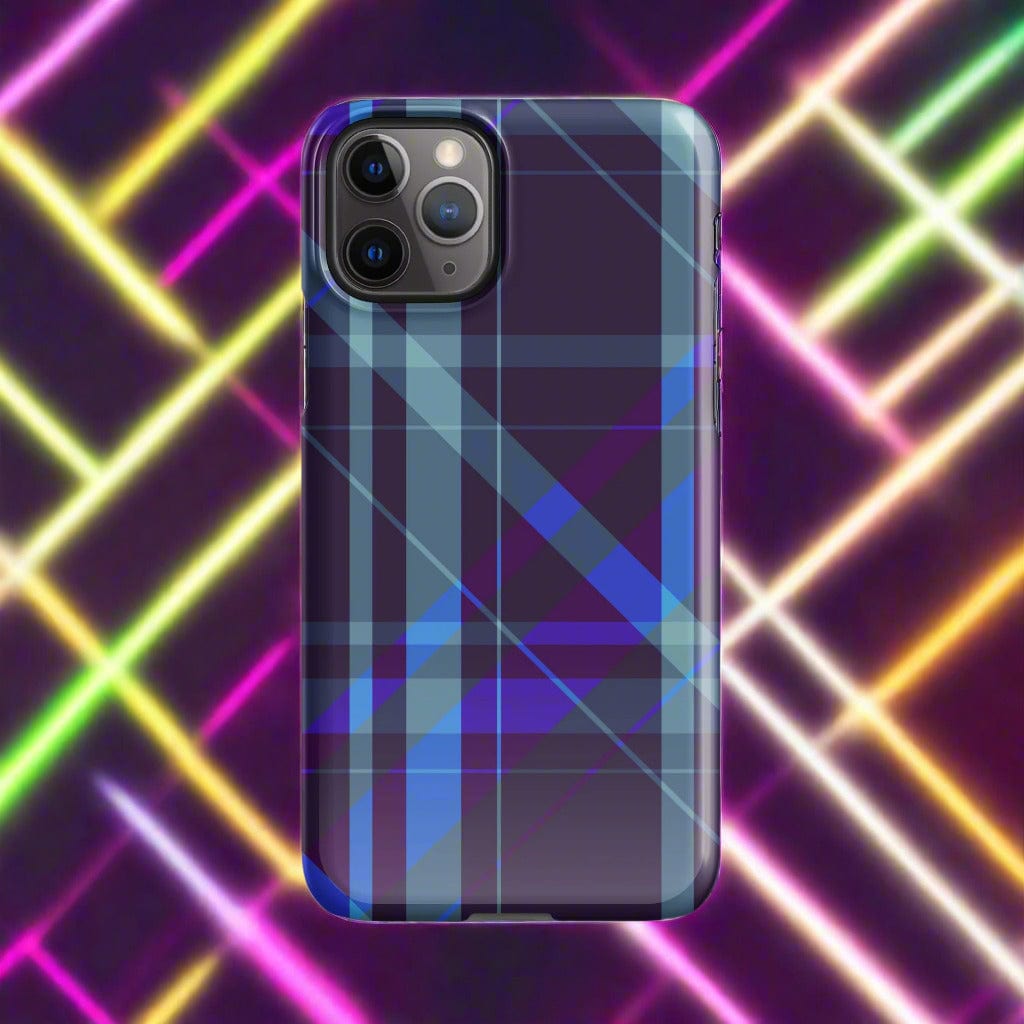 iPhone® snap case with purple-blue plaid design and protective bumper edges