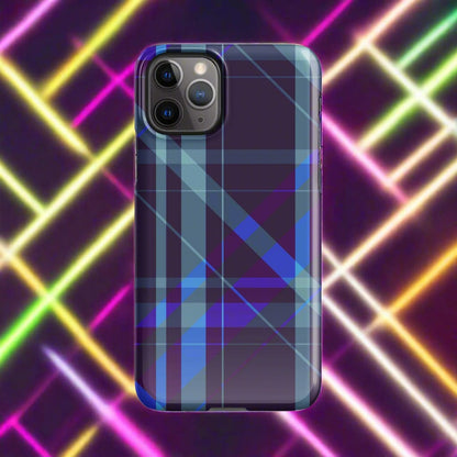 iPhone® snap case with purple-blue plaid design and protective bumper edges
