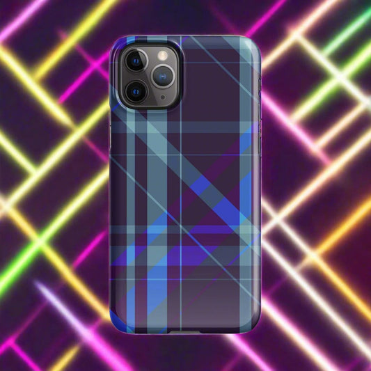 iPhone® snap case with purple-blue plaid design and protective bumper edges