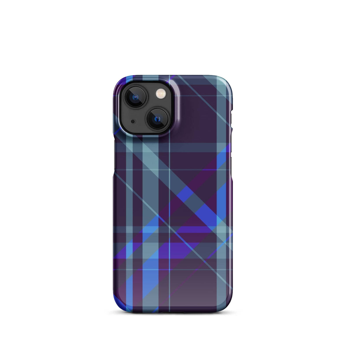 Purple and blue plaid phone snap case with camera cutout and glossy finish.