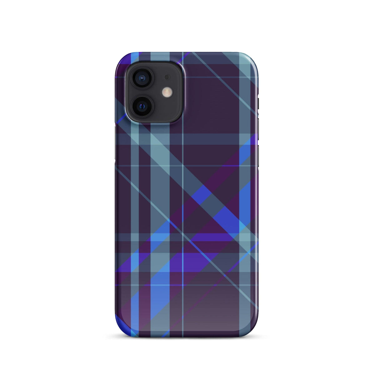 Purple blue plaid iPhone snap case showing dual camera cutout and edges.