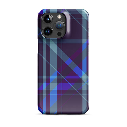 iPhone Snap case with purple-blue plaid design and raised camera lens openings