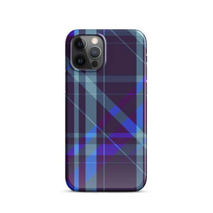 Purple blue plaid snap phone case with triple camera openings and protective rim.