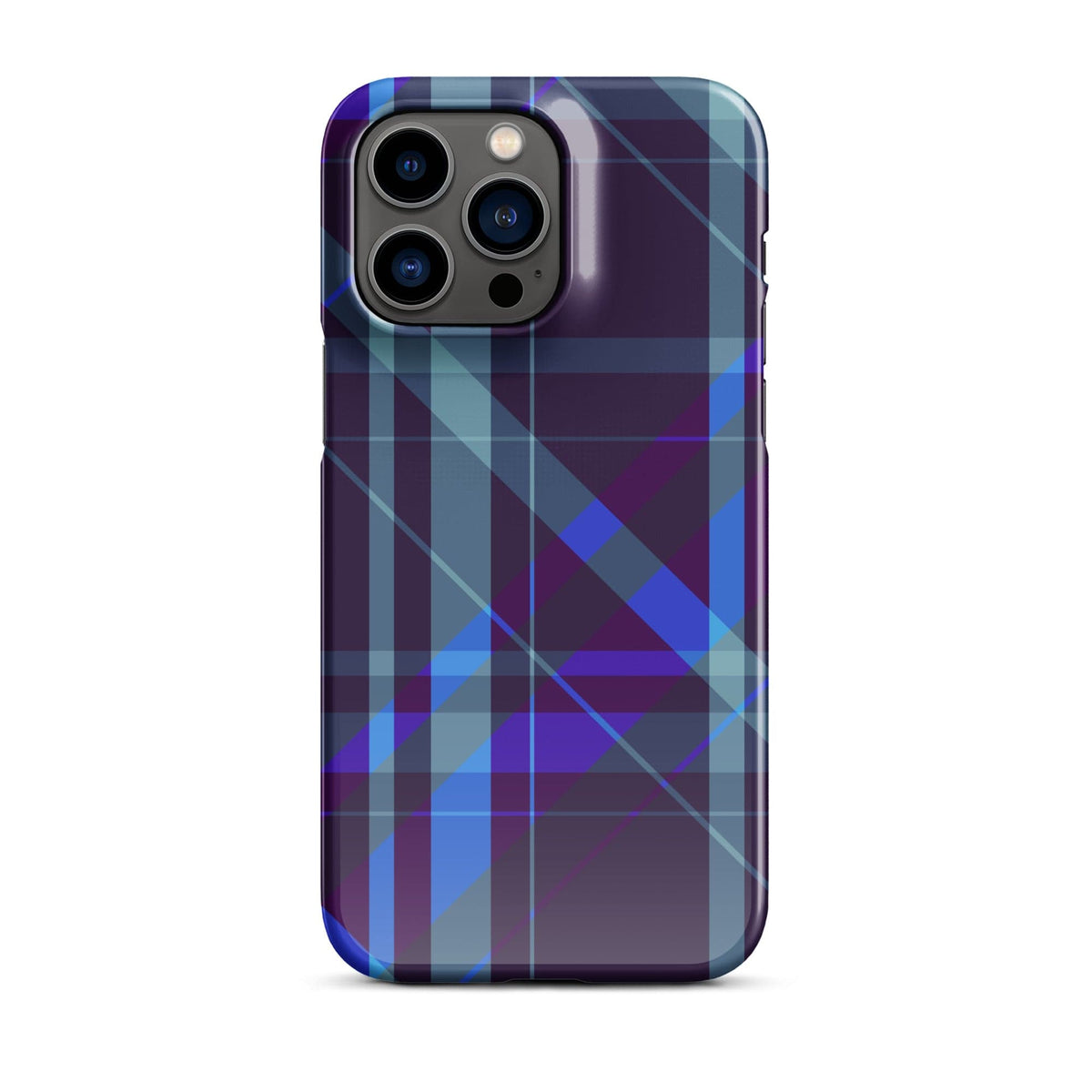 iPhone Snap case in purple-blue plaid with side buttons and camera cutouts