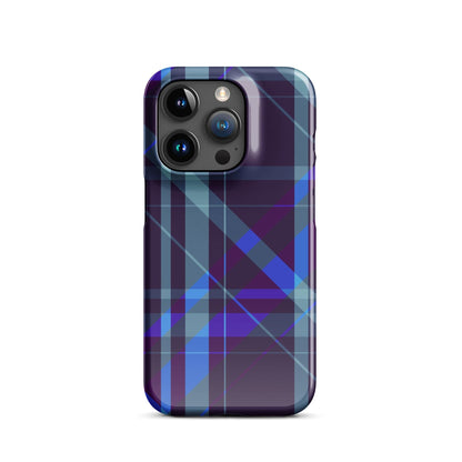 iPhone Snap case featuring purple and blue plaid pattern with camera module openings
